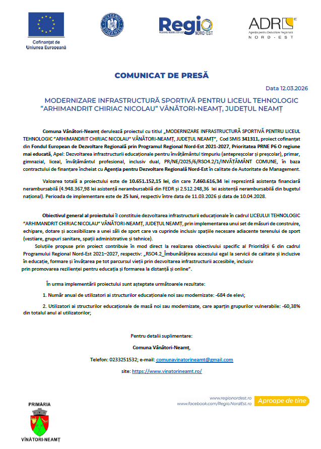 Comunicat Vânători Neamț